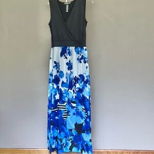 Black Sleeveless Dress with Blue Floral Skirt